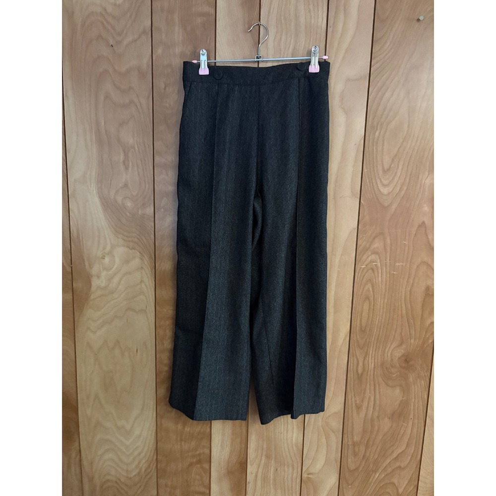 Dark Charcoal Herringbone‎ Wide Leg Pleated Trousers with Elastic Back Waist